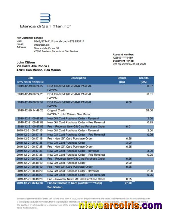 San Marino Banca di San Marino bank statement, Word and PDF format (.doc and .pdf)